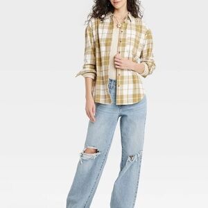 XL Universal Thread Plaid Button-Up Shirt Green White Flannel Cozy